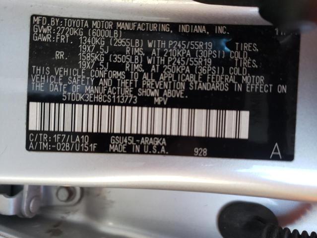 5TDDK3EH8CS113773 - 2012 TOYOTA HIGHLANDER LIMITED SILVER photo 13