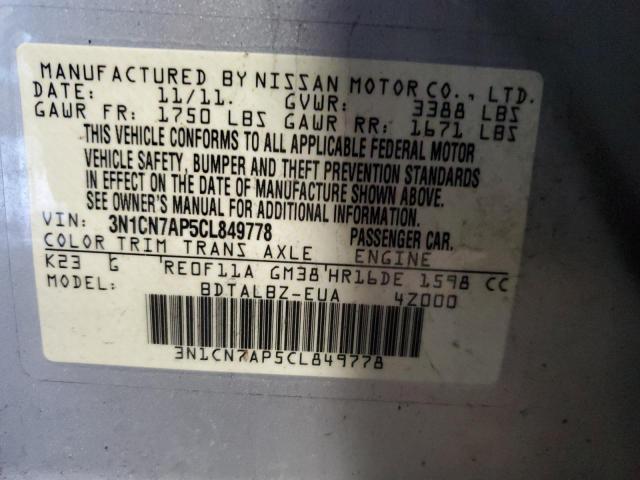 3N1CN7AP5CL849778 - 2012 NISSAN VERSA S SILVER photo 13