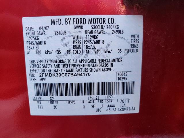 2FMDK39C07BA94170 - 2007 FORD EDGE SEL PLUS RED photo 13