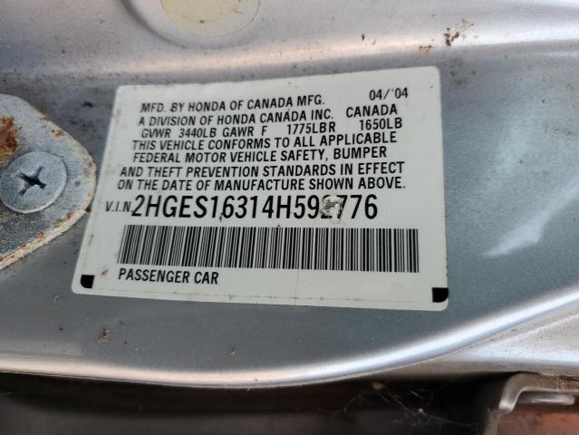 2HGES16314H592776 - 2004 HONDA CIVIC DX VP SILVER photo 12