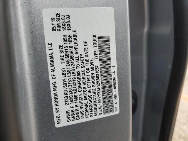 5FPYK3F12KB037657 - 2019 HONDA RIDGELINE SPORT SILVER photo 12