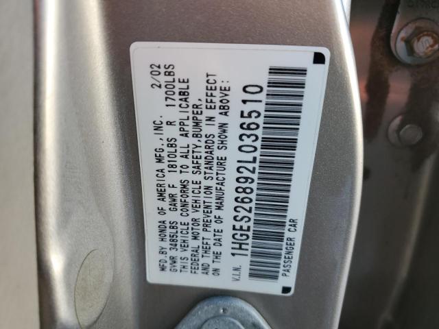 1HGES26892L036510 - 2002 HONDA CIVIC EX SILVER photo 12