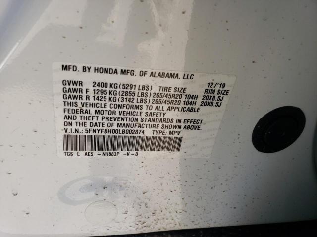 5FNYF8H00LB002874 - 2020 HONDA PASSPORT ELITE WHITE photo 13