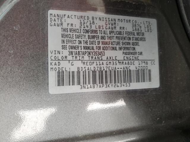 3N1AB7AP3KY263453 - 2019 NISSAN SENTRA S GRAY photo 12