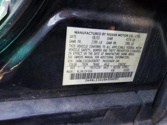 1N4BL11D16N306097 - 2006 NISSAN ALTIMA SE BLACK photo 12