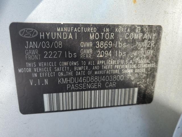 KMHDU46D88U403800 - 2008 HYUNDAI ELANTRA GLS SILVER photo 12