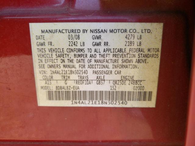 1N4AL21E18N502540 - 2008 NISSAN ALTIMA 2.5 MAROON photo 12