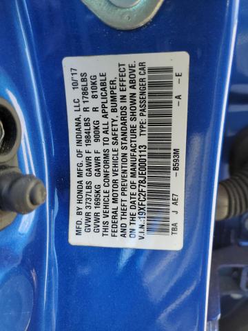 19XFC2F78JE000113 - 2018 HONDA CIVIC EX BLUE photo 13