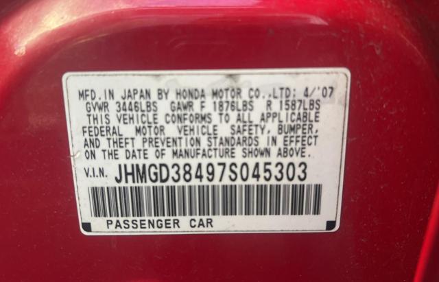 JHMGD38497S045303 - 2007 HONDA FIT RED photo 10