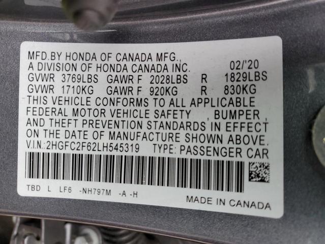 2HGFC2F62LH545319 - 2020 HONDA CIVIC LX GRAY photo 12