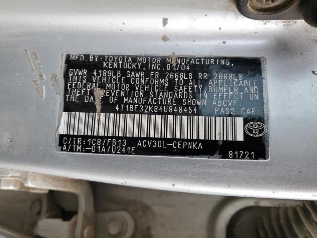 4T1BE32K84U848454 - 2004 TOYOTA CAMRY LE SILVER photo 12