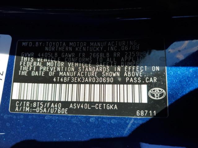 4T4BF3EK3AR030690 - 2010 TOYOTA CAMRY BASE BLUE photo 12