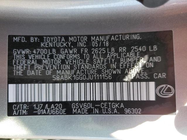 58ABK1GG0JU111156 - 2018 LEXUS ES 350 SILVER photo 12