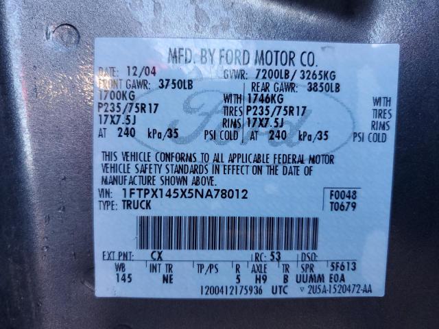 1FTPX145X5NA78012 - 2005 FORD F150 GRAY photo 12