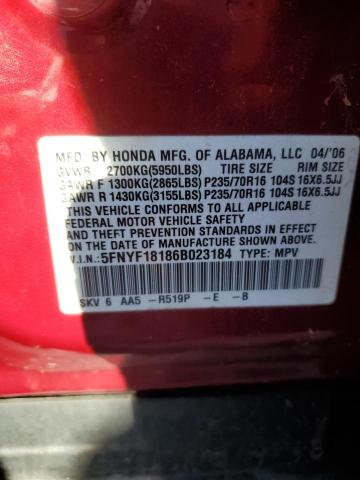 5FNYF18186B023184 - 2006 HONDA PILOT LX BURGUNDY photo 12