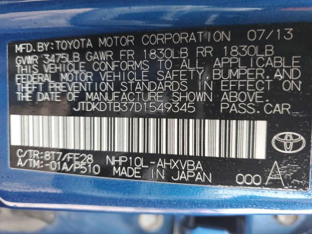 JTDKDTB37D1549345 - 2013 TOYOTA PRIUS C BLUE photo 12