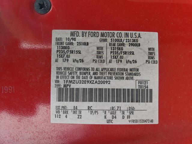 1FMZU32E9XZA20092 - 1999 FORD EXPLORER RED photo 12