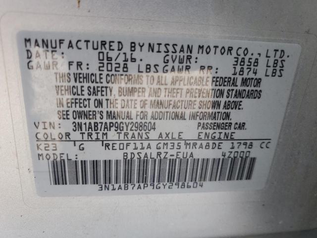 3N1AB7AP9GY298604 - 2016 NISSAN SENTRA S SILVER photo 13