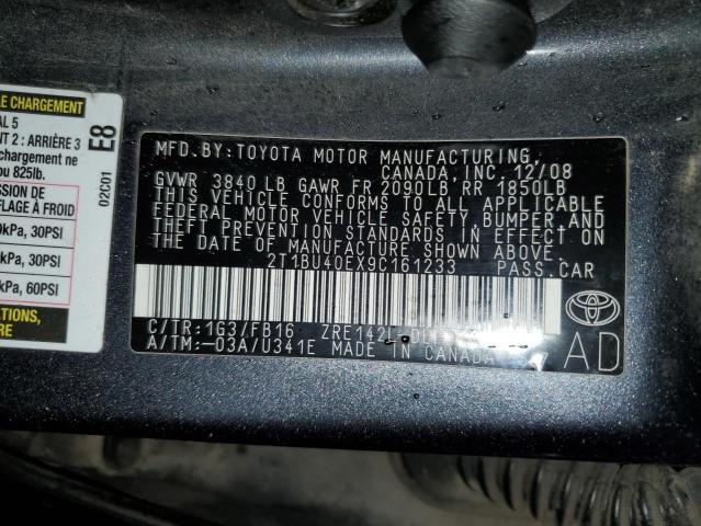 2T1BU40EX9C161233 - 2009 TOYOTA COROLLA BASE GRAY photo 12