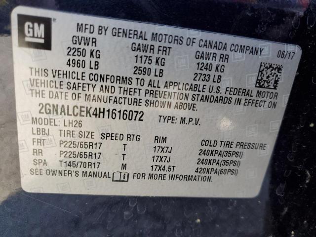 2GNALCEK4H1616072 - 2017 CHEVROLET EQUINOX LT BLUE photo 12