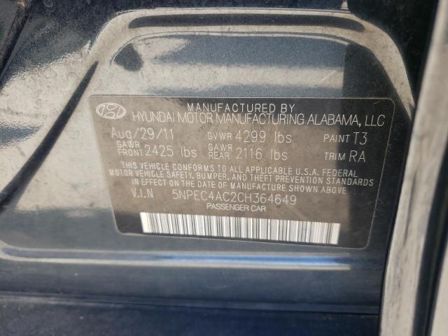 5NPEC4AC2CH364649 - 2012 HYUNDAI SONATA SE BLACK photo 12