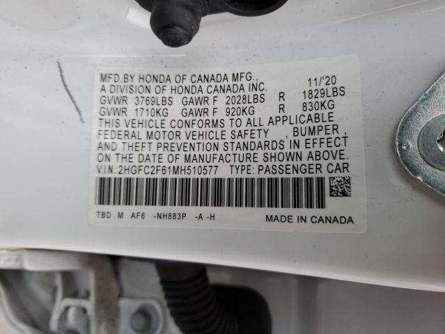 2HGFC2F61MH510577 - 2021 HONDA CIVIC LX WHITE photo 13