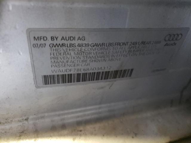 WAUDF78E68A034312 - 2008 AUDI A4 2.0T QUATTRO SILVER photo 10