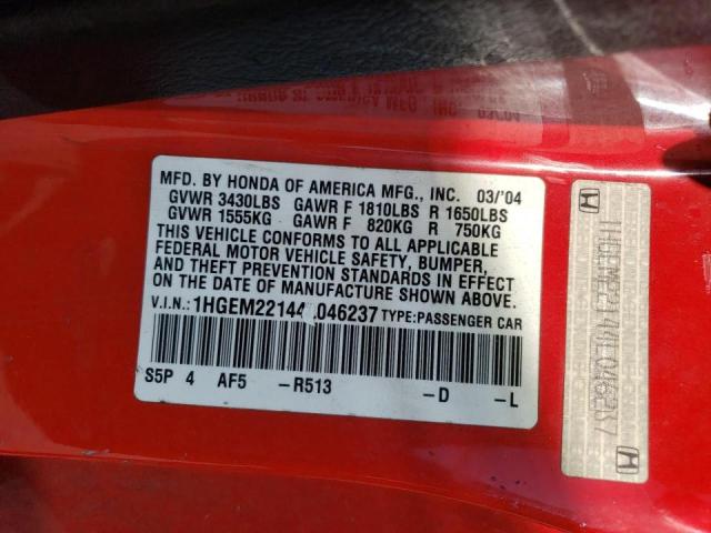 1HGEM22144L046237 - 2004 HONDA CIVIC DX VP RED photo 12