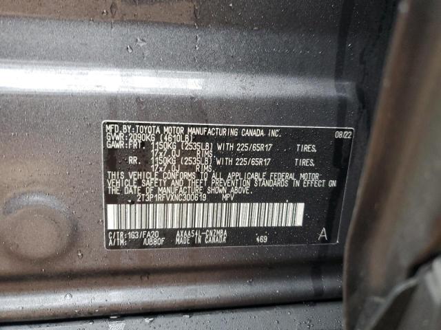 2T3P1RFVXNC300619 - 2022 TOYOTA RAV4 XLE GRAY photo 13