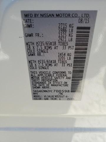 5N1AR2MN2FC700598 - 2015 NISSAN PATHFINDER S 白色 照片 13