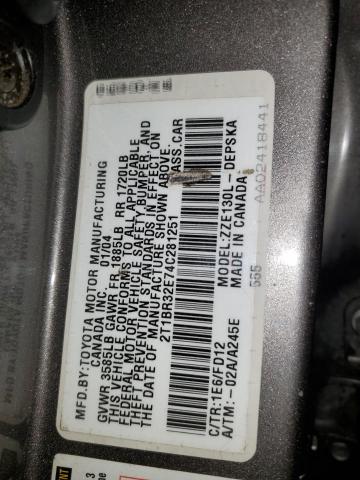 2T1BR32E74C281251 - 2004 TOYOTA COROLLA CE GRAY photo 12