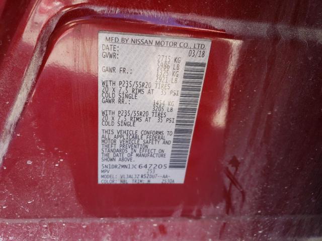 5N1DR2MN1JC647205 - 2018 NISSAN PATHFINDER S RED photo 14