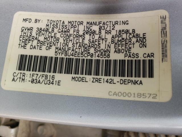 5YFBU4EE5CP014558 - 2012 TOYOTA COROLLA BASE SILVER photo 12