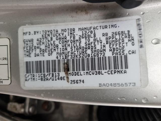 4T1BF32K52U016872 - 2002 TOYOTA CAMRY LE SILVER photo 12