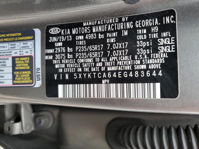 5XYKTCA64EG483644 - 2014 KIA SORENTO LX GRAY photo 12