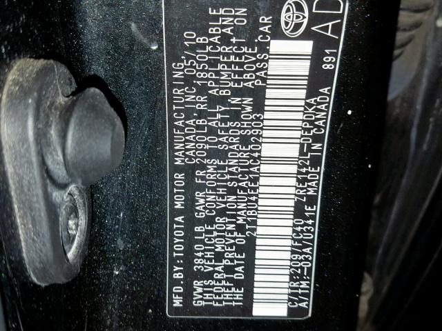 2T1BU4EE1AC402903 - 2010 TOYOTA COROLLA BASE  照片 10