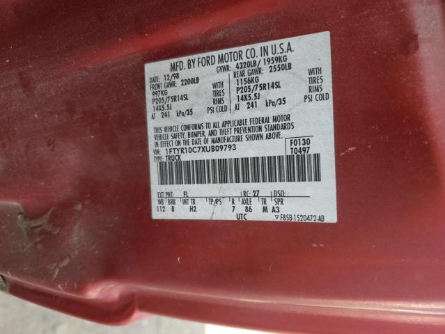 1FTYR10C7XUB09793 - 1999 FORD RANGER RED photo 12