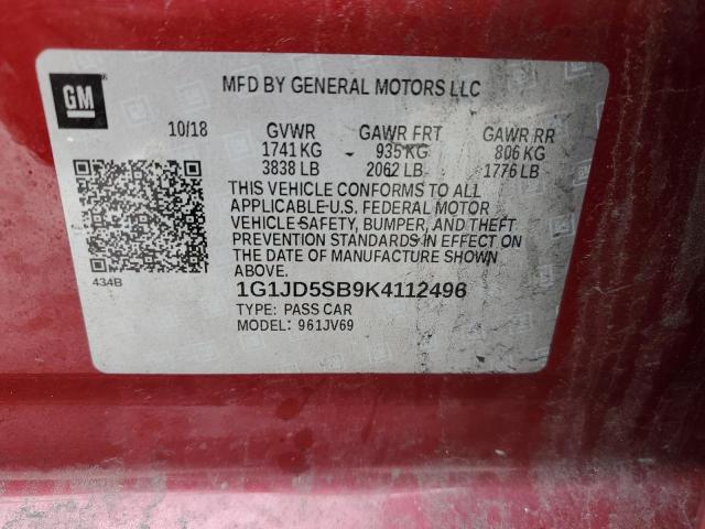 1G1JD5SB9K4112496 - 2019 CHEVROLET SONIC LT RED photo 13