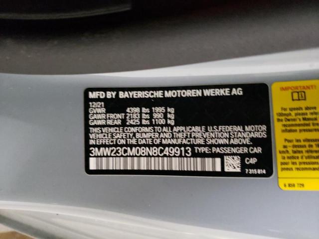 3MW23CM08N8C49913 - 2022 BMW 230I GRAY photo 12