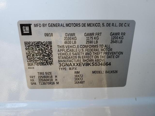 3GNAXXEV8KS534864 - 2019 CHEVROLET EQUINOX PREMIER WHITE photo 12