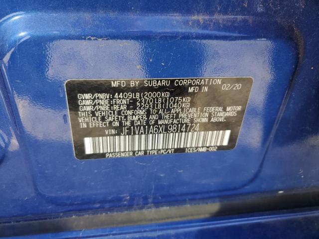 JF1VA1A6XL9814724 - 2020 SUBARU WRX BLUE photo 12