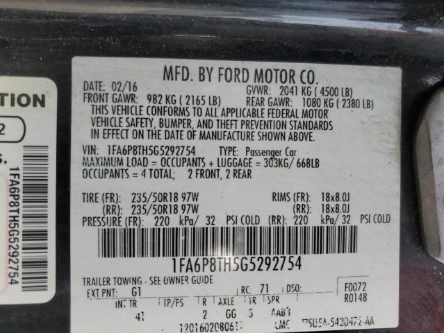 1FA6P8TH5G5292754 - 2016 FORD MUSTANG BLACK photo 12