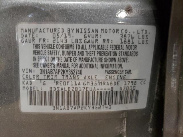 3N1AB7AP2KY352740 - 2019 NISSAN SENTRA S GRAY photo 12