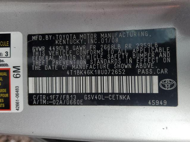 4T1BK46K18U072652 - 2008 TOYOTA CAMRY LE SILVER photo 12