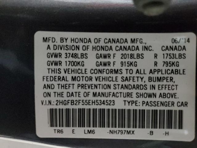 2HGFB2F55EH534523 - 2014 HONDA CIVIC LX GRAY photo 13