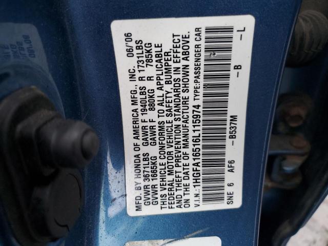 1HGFA16516L115974 - 2006 HONDA CIVIC LX BLUE photo 12