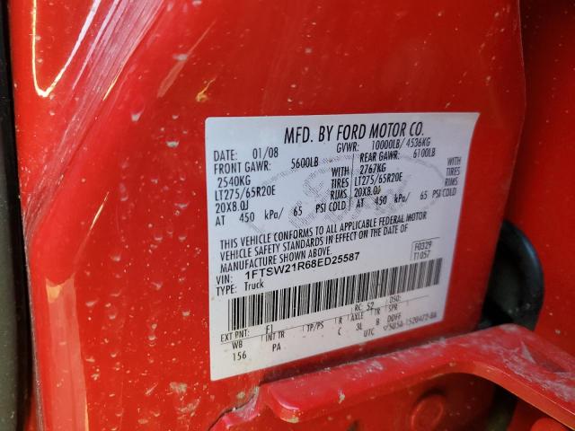 1FTSW21R68ED25587 - 2008 FORD F250 SUPER DUTY RED photo 13