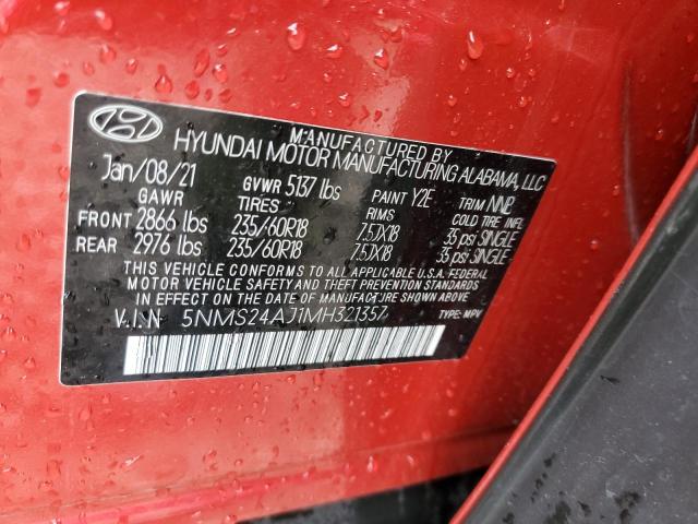 5NMS24AJ1MH321357 - 2021 HYUNDAI SANTA FE SEL Կարմիր լուսանկար 12