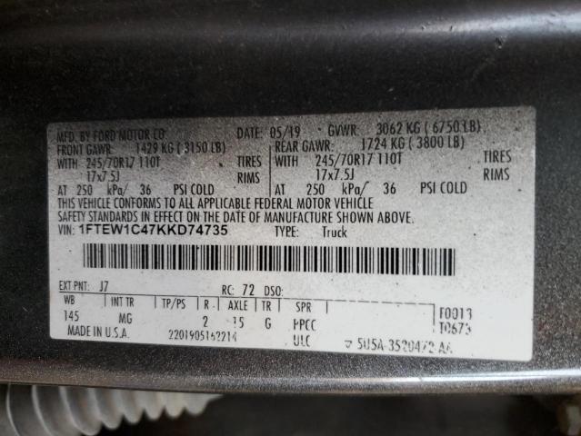 1FTEW1C47KKD74735 - 2019 FORD F150 SUPERCREW GRAY photo 12