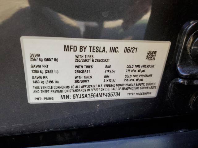 5YJSA1E64MF435734 - 2021 TESLA MODEL S ნაცრისფერი ფოტო 12